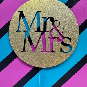 Mr & Mrs Block Script Gold Glitter Acrylic Wedding Topper EA