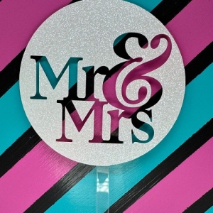 Mr & Mrs Fancy Block Script White Glitter Acrylic Wedding Topper EA