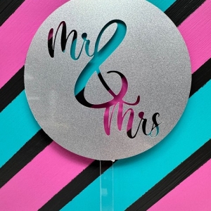 Mr & Mrs Script Silver Glitter Acrylic Cupcake Topper 12 CT
