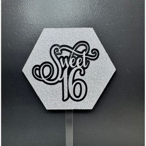 Sweet 16 Silver Glitter Hexagon Acrylic Cake Topper EA