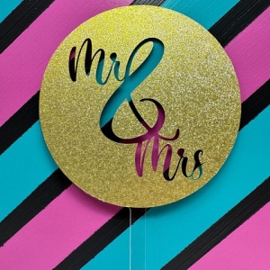 Mr & Mrs Script Gold Glitter Acrylic Wedding Topper EA