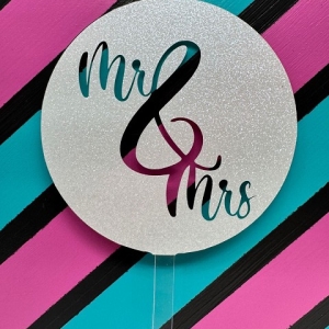 Mr & Mrs Script White Glitter Acrylic Wedding Topper EA