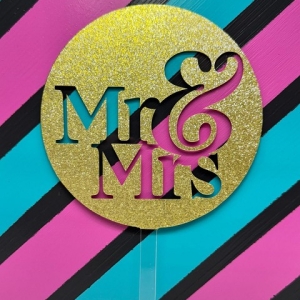 Mr & Mrs Fancy Block Script Gold Glitter Acrylic Wedding Topper EA