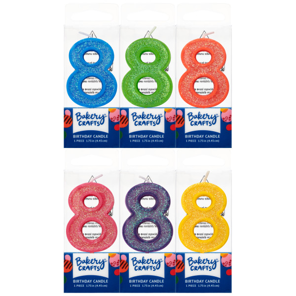Mini Glitter #8 Candle Assorted Color 12 CT