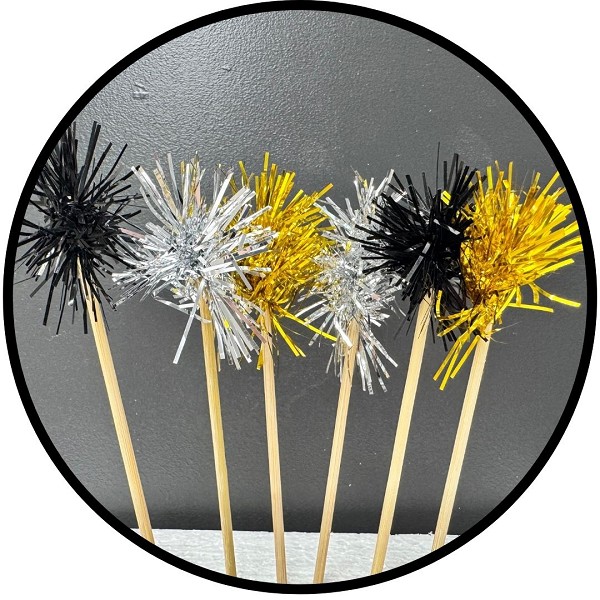 Black, Gold and Silver Foil Firework Cupcake Toppers Gold Sparkle Tinsel Cake Toppers New Years Cake Decoration Cocktail Fruit Toothpick for Birthday Wedding Graduation Party 6 CT