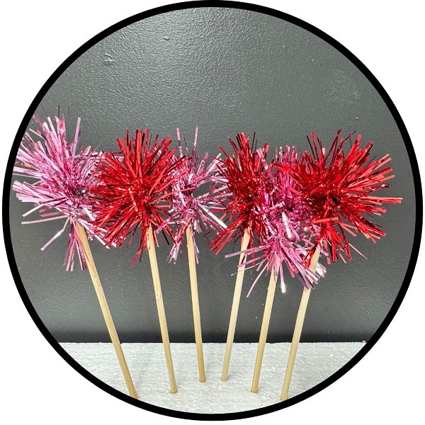 Pink and Red Foil Firework Cupcake Toppers Gold Sparkle Tinsel Cake Toppers New Years Cake Decoration Cocktail Fruit Toothpick for Birthday Wedding Graduation Party 6 CT