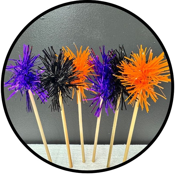 Halloween- Black, Purple and Orange Foil Firework Cupcake Toppers Gold Sparkle Tinsel Cake Toppers New Years Cake Decoration Cocktail Fruit Toothpick for Birthday Wedding Graduation Party 6 CT