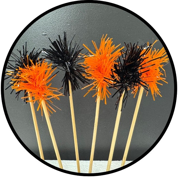 Spooky- Black and Orange Foil Firework Cupcake Toppers Gold Sparkle Tinsel Cake Toppers New Years Cake Decoration Cocktail Fruit Toothpick for Birthday Wedding Graduation Party 6 CT