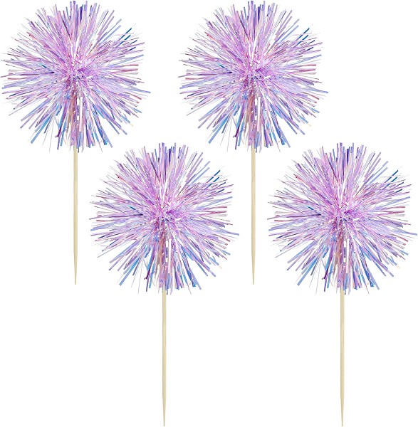 Iridescent Foil Firework Cupcake Toppers, Sparkle Tinsel Cake Toppers, Tinsel Drink Cake Decoration, Cocktail Food Fruit Toothpick for Cake Decoration Party Supplies 6 CT