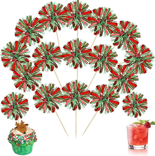 Red and Green Foil Firework Cupcake Toppers Gold Sparkle Tinsel Cake Toppers New Years Cake Decoration Cocktail Fruit Toothpick for Birthday Wedding Graduation Party 6 CT