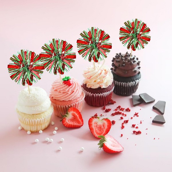 Red and Green Foil Firework Cupcake Toppers Gold Sparkle Tinsel Cake Toppers New Years Cake Decoration Cocktail Fruit Toothpick for Birthday Wedding Graduation Party 6 CT - Image 2