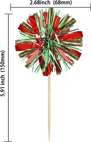 Red and Green Foil Firework Cupcake Toppers Gold Sparkle Tinsel Cake Toppers New Years Cake Decoration Cocktail Fruit Toothpick for Birthday Wedding Graduation Party 6 CT - Image 3