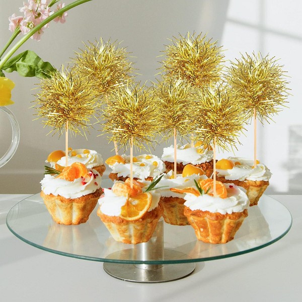 Gold Foil Firework Cupcake Toppers Gold Sparkle Tinsel Cake Toppers New Years Cake Decoration Cocktail Fruit Toothpick for Birthday Wedding Graduation Party 6 CT
