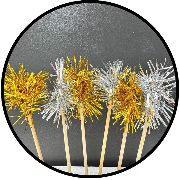 Gold and Silver Foil Firework Cupcake Toppers Gold Sparkle Tinsel Cake Toppers New Years Cake Decoration Cocktail Fruit Toothpick for Birthday Wedding Graduation Party 6 CT