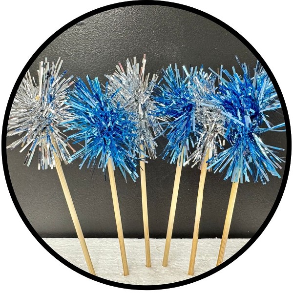 Light Blue and Silver Foil Firework Cupcake Toppers Gold Sparkle Tinsel Cake Toppers New Years Cake Decoration Cocktail Fruit Toothpick for Birthday Wedding Graduation Party 6 CT