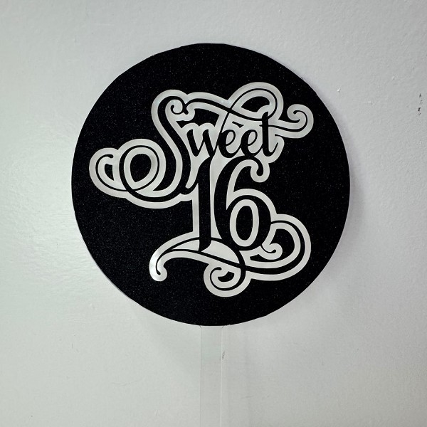 Sweet 16 Black Glitter Round Acrylic Cake Topper EA