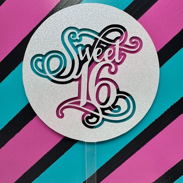 Sweet 16 White Glitter Round Acrylic Cake Topper EA