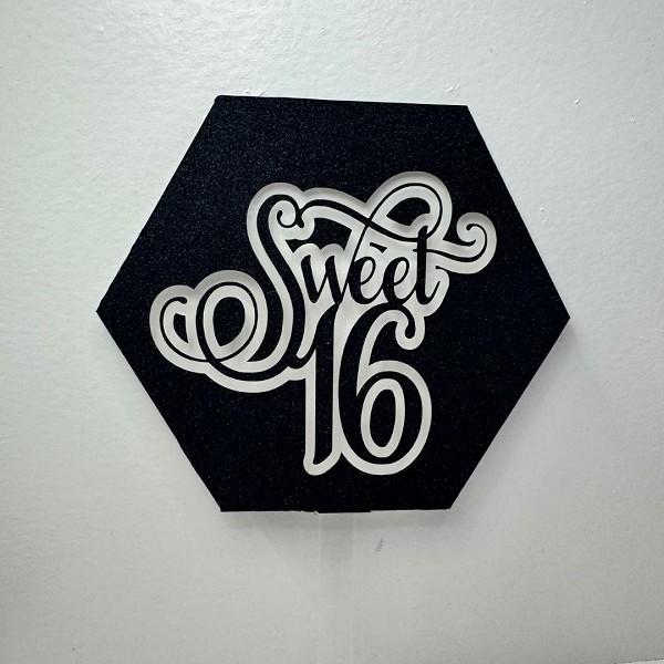Sweet 16 Black Glitter Hexagon Acrylic Cake Topper EA