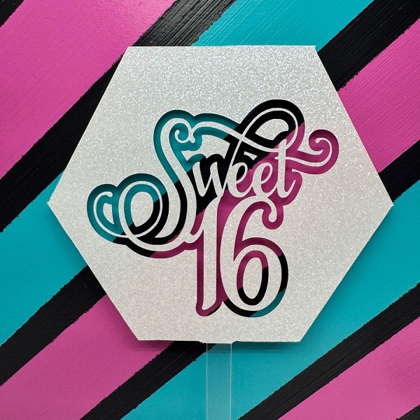 Sweet 16 White Glitter Hexagon Acrylic Cake Topper EA