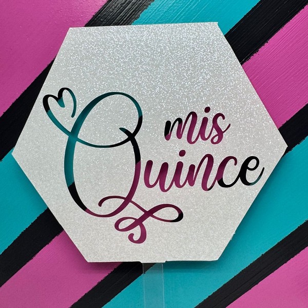 Mis Quince White Glitter Hexagon Acrylic Cake Topper EA
