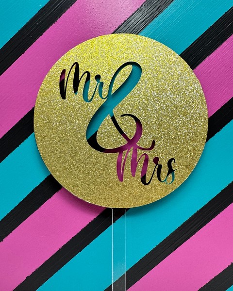 Mr & Mrs Script Gold Glitter Acrylic Wedding Topper EA