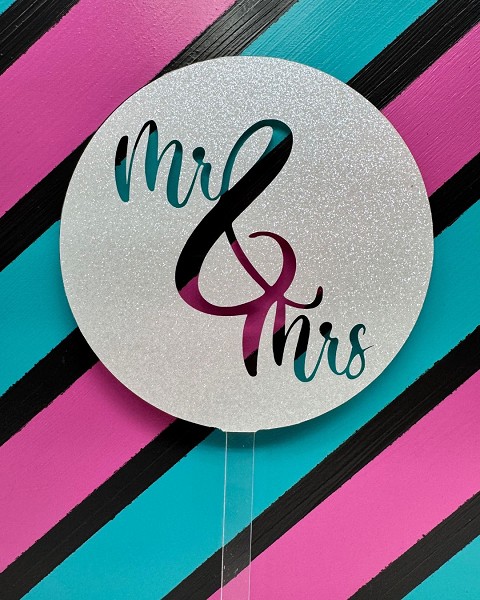 Mr & Mrs Script White Glitter Acrylic Wedding Topper EA