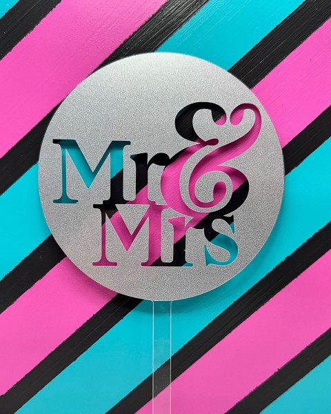 Mr & Mrs Fancy Block Script Silver Glitter Acrylic Wedding Topper EA