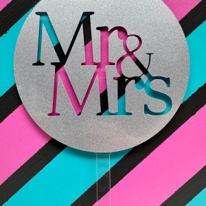 Mr & Mrs Block Script Silver Glitter Acrylic Wedding Topper EA