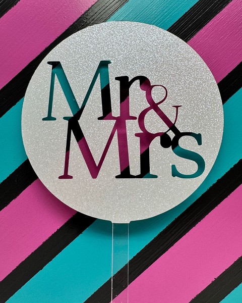 Mr & Mrs Block Script White Glitter Acrylic Wedding Topper EA