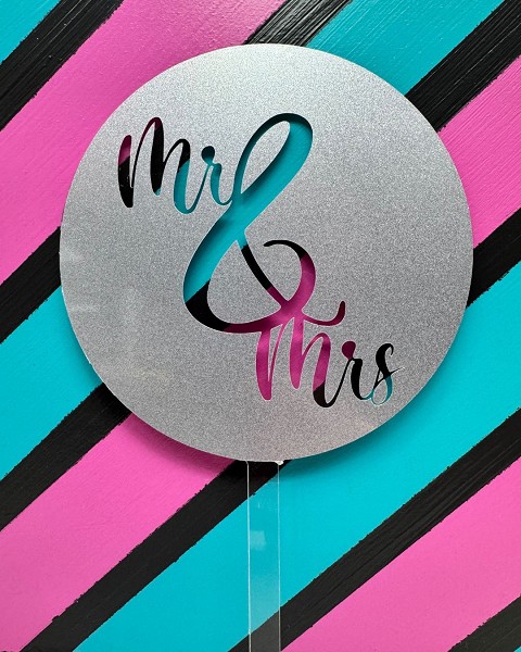 Mr & Mrs Script Silver Glitter Acrylic Cupcake Topper 12 CT