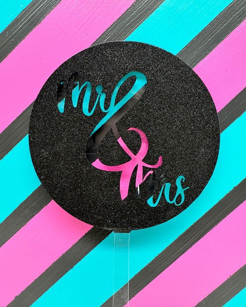 Mr & Mrs Script Black Glitter Acrylic Cupcake Topper 12 CT