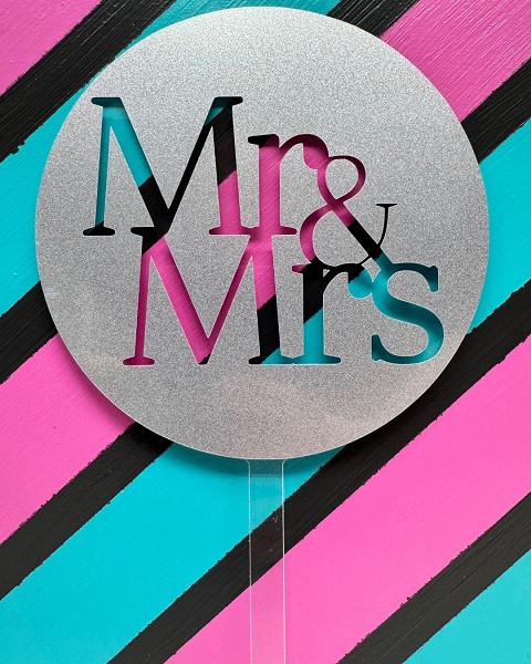 Mr & Mrs Block Script Silver Glitter Acrylic Cupcake Topper 12 CT