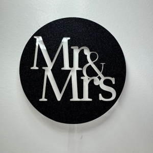 Mr & Mrs Block Script Black Glitter Acrylic Cupcake Topper 12 CT