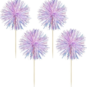Iridescent Foil Firework Cupcake Toppers, Sparkle Tinsel Cake Toppers, Tinsel Drink Cake Decoration, Cocktail Food Fruit Toothpick for Cake Decoration Party Supplies 6 CT