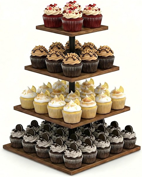 Square Wooden 4 Tier Cupcake Stand for 50 Cupcakes,Cupcake Holder,Cupcake Tower,Tiered Tray Stand for Birthday Bar Décor Weddings,Parties Events, Dark Brown