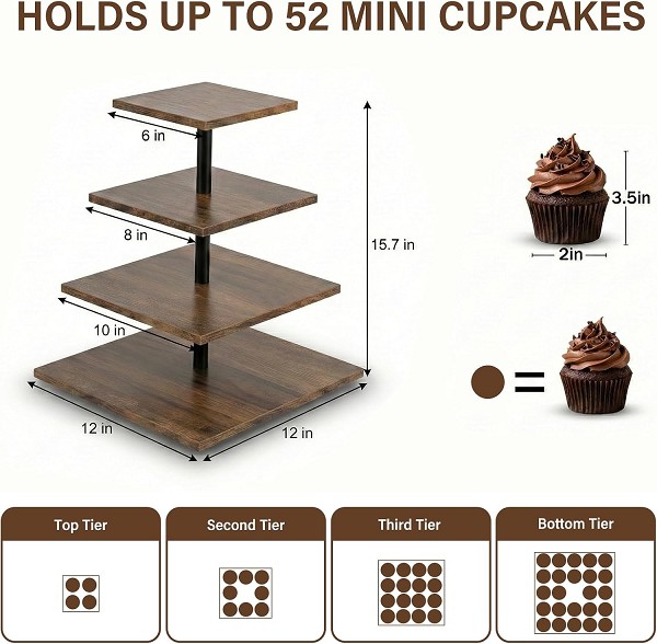 Square Wooden 4 Tier Cupcake Stand for 50 Cupcakes,Cupcake Holder,Cupcake Tower,Tiered Tray Stand for Birthday Bar Décor Weddings,Parties Events, Dark Brown - Image 2