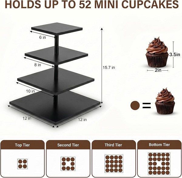Square Black 4 Tier Cupcake Stand for 50 Cupcakes,Cupcake Holder,Cupcake Tower,Tiered Tray Stand for Birthday Bar Décor Weddings,Parties Events, Dark Brown