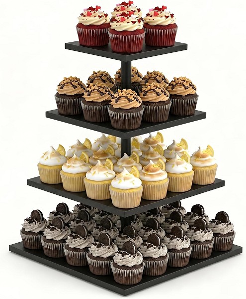 Square Black 4 Tier Cupcake Stand for 50 Cupcakes,Cupcake Holder,Cupcake Tower,Tiered Tray Stand for Birthday Bar Décor Weddings,Parties Events, Dark Brown - Image 2