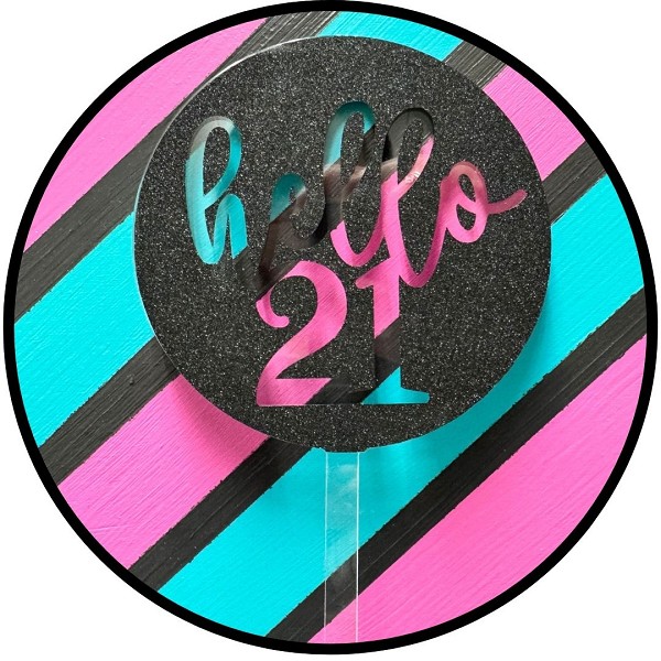 Hello 21 Black Glitter Acrylic Cake Topper EA