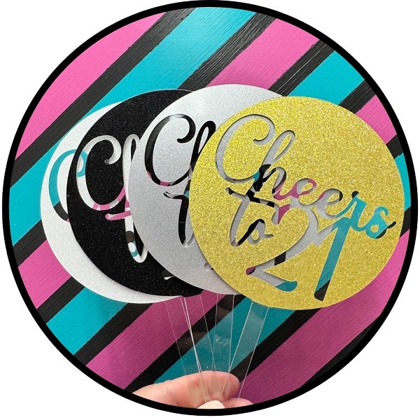 Cheers to 21 Gold Glitter Acrylic Cake Topper EA - Image 2